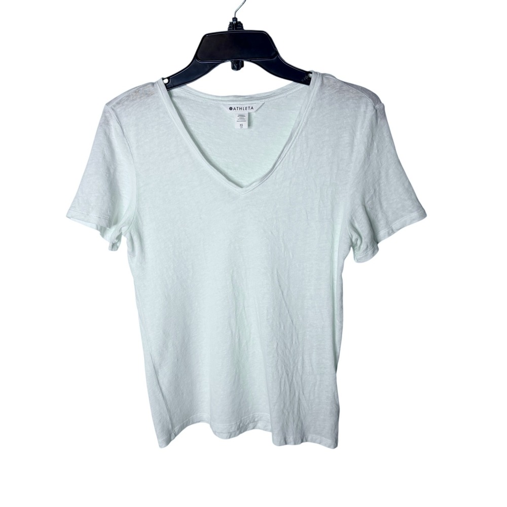 Athleta White Linen V-Neck Short Sleeve T-Shirt Tee Size XS